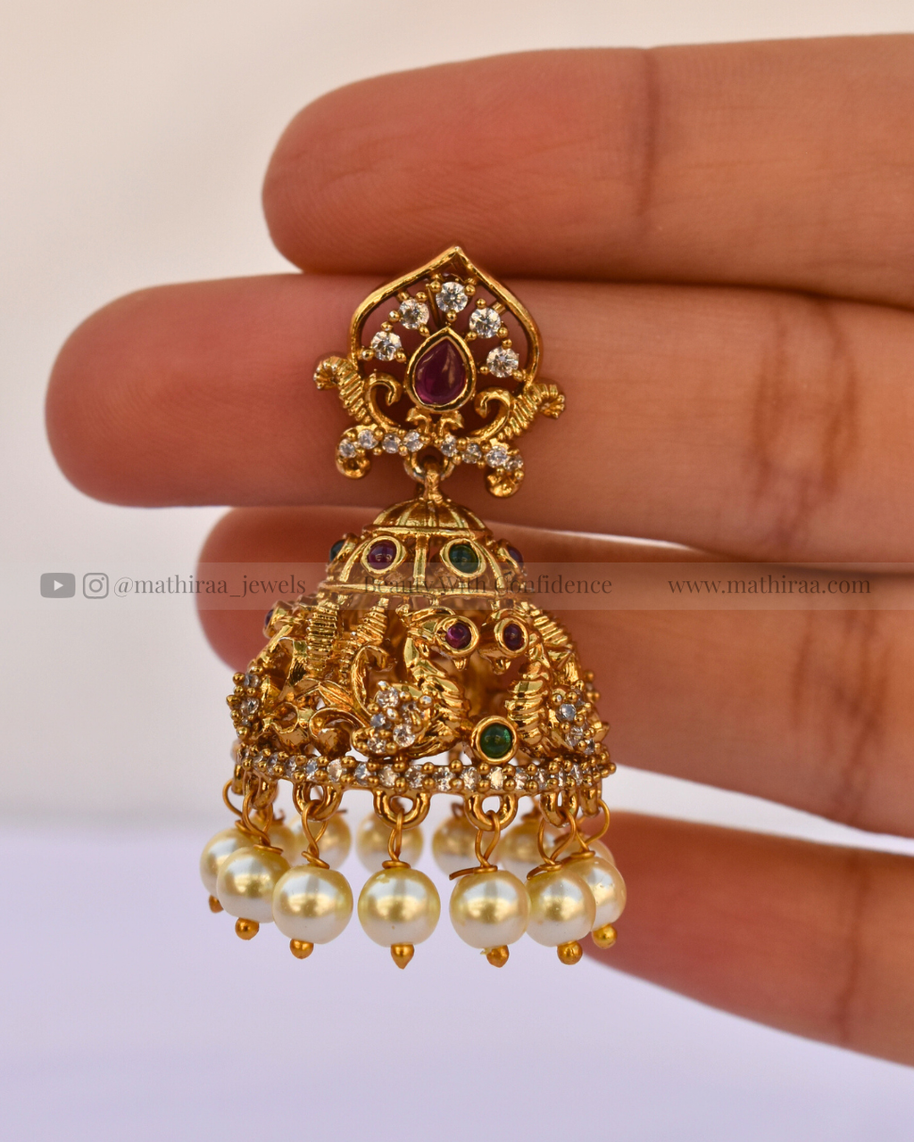 Peacock Pearl Drop Antique Jhumkas